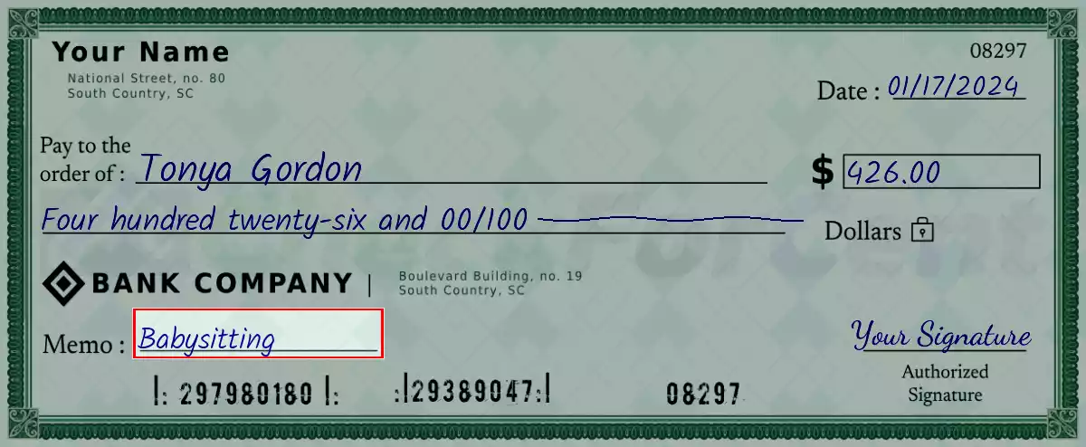 Write the purpose of the 426 dollar check