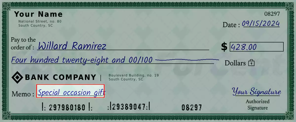 Write the purpose of the 428 dollar check