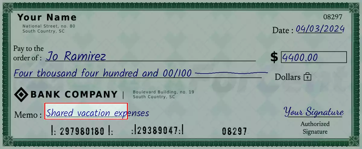 Write the purpose of the 4400 dollar check