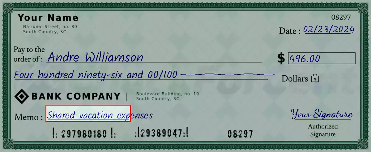 Write the purpose of the 496 dollar check