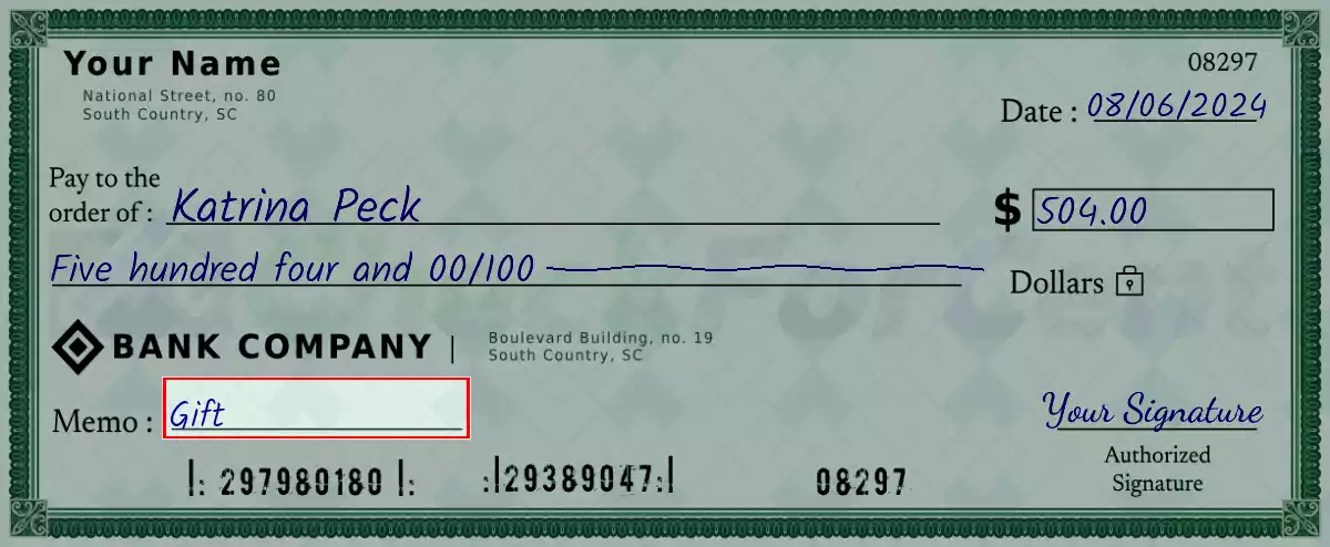 Write the purpose of the 504 dollar check