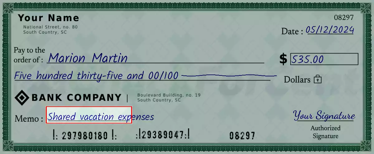 Write the purpose of the 535 dollar check