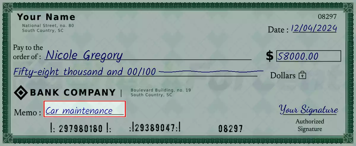 Write the purpose of the 58000 dollar check