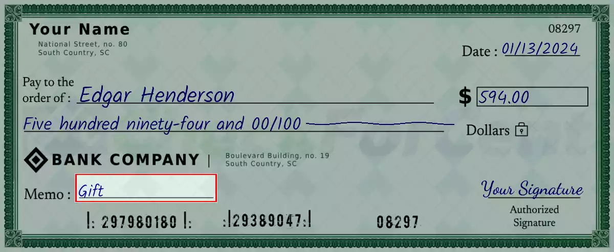 Write the purpose of the 594 dollar check
