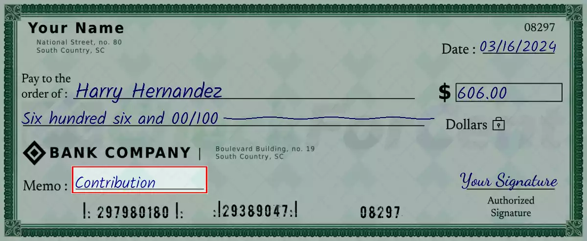 Write the purpose of the 606 dollar check