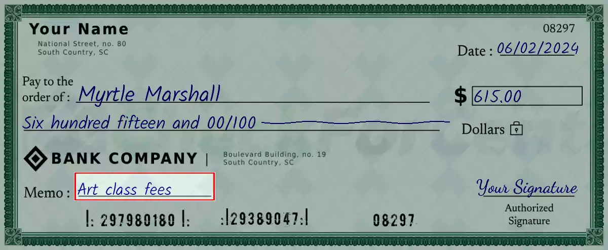Write the purpose of the 615 dollar check