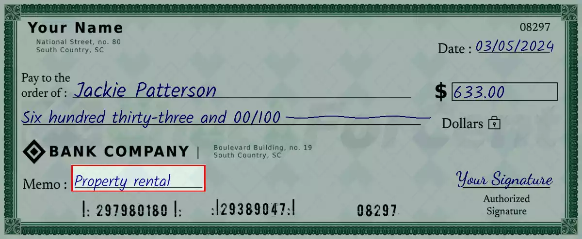 Write the purpose of the 633 dollar check