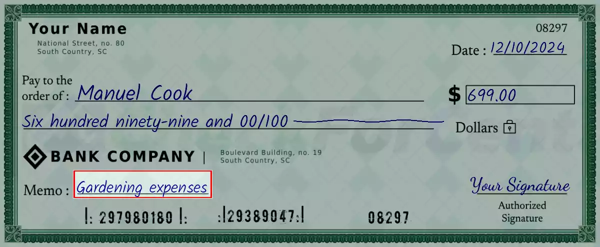 Write the purpose of the 699 dollar check