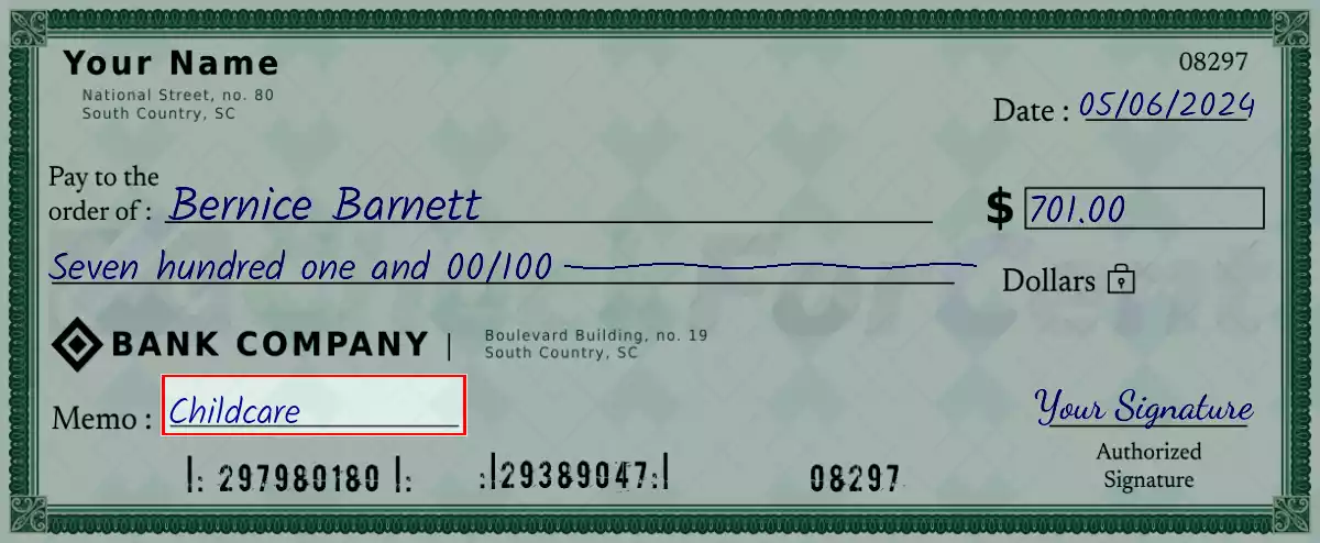 Write the purpose of the 701 dollar check
