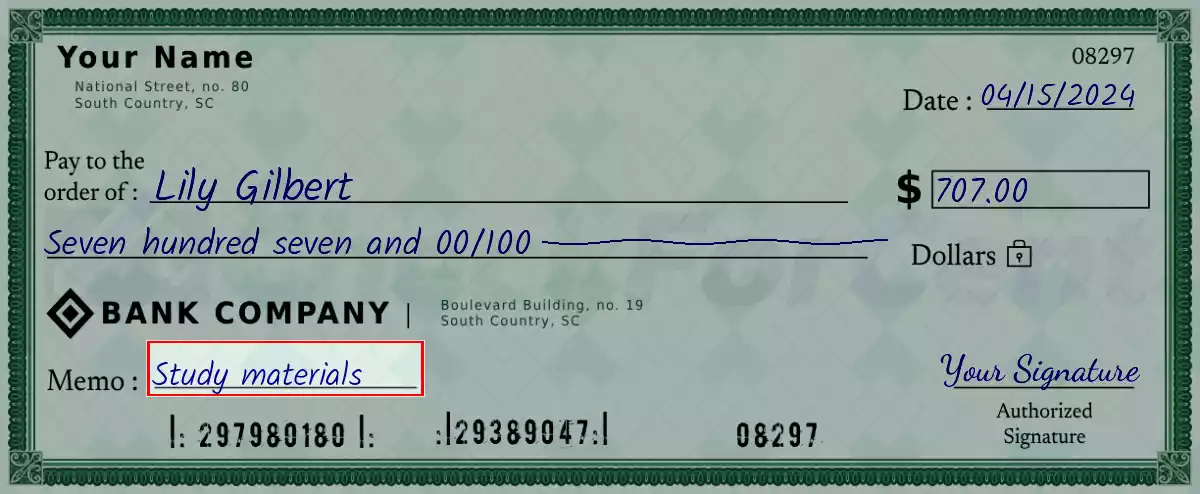 Write the purpose of the 707 dollar check