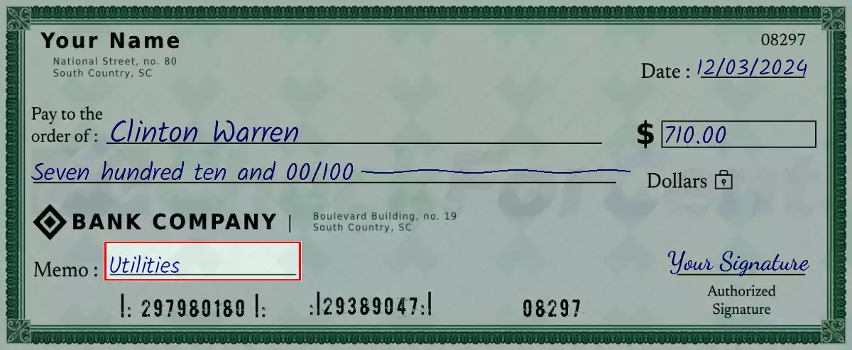 Write the purpose of the 710 dollar check