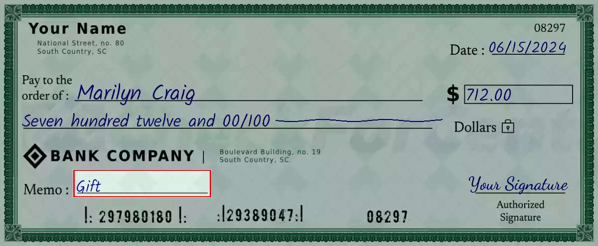Write the purpose of the 712 dollar check