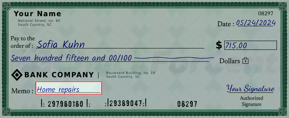 Write the purpose of the 715 dollar check