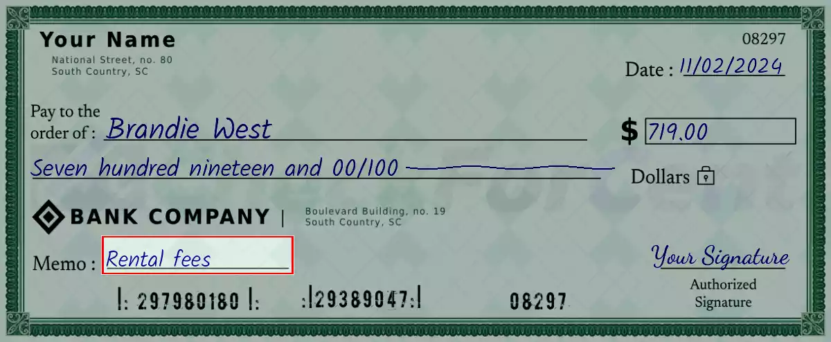 Write the purpose of the 719 dollar check
