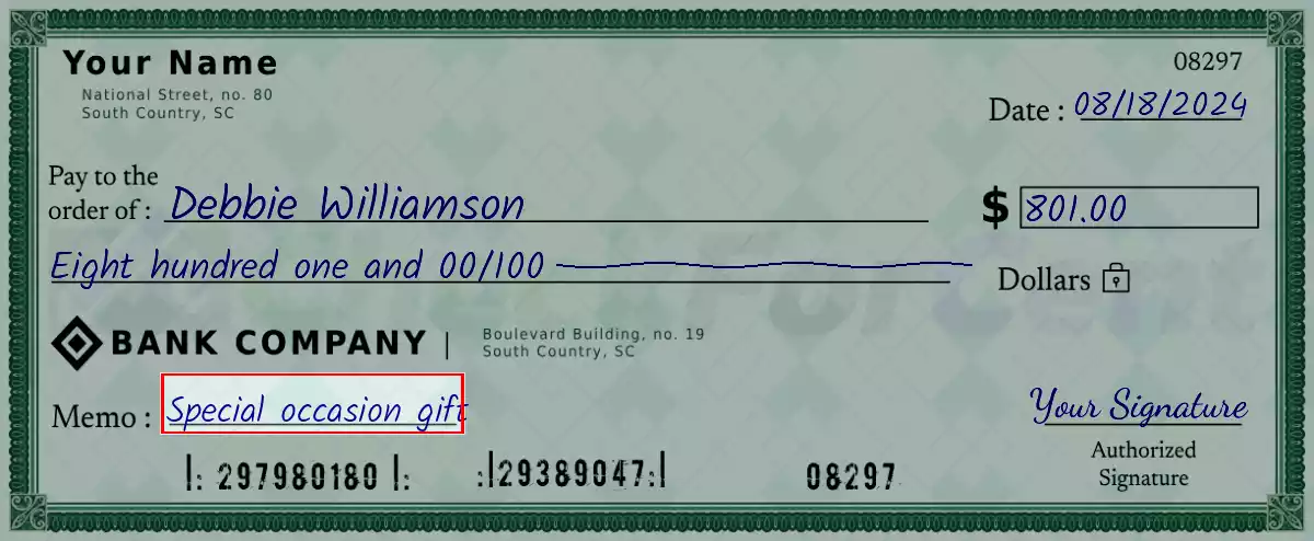 Write the purpose of the 801 dollar check