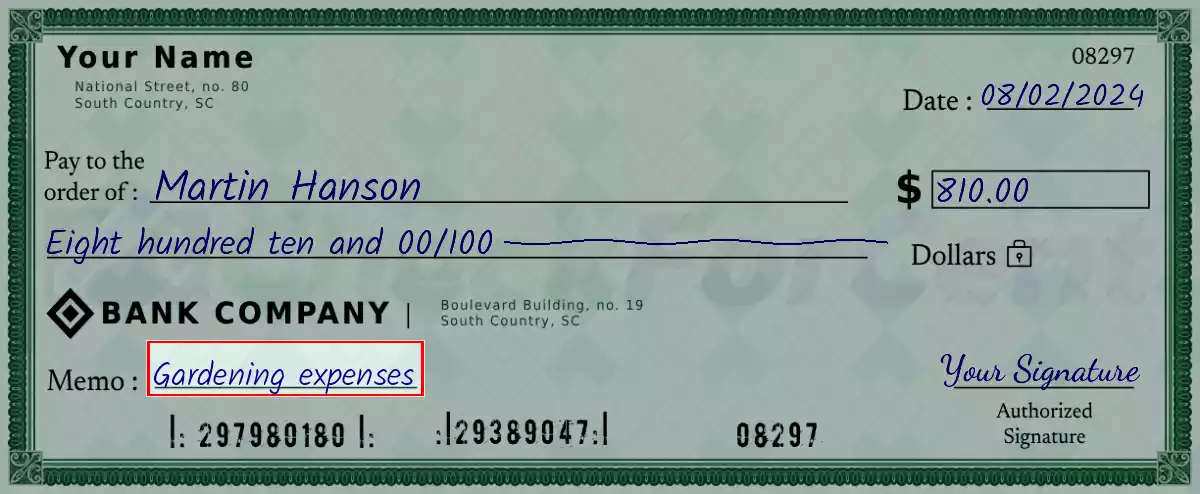 Write the purpose of the 810 dollar check