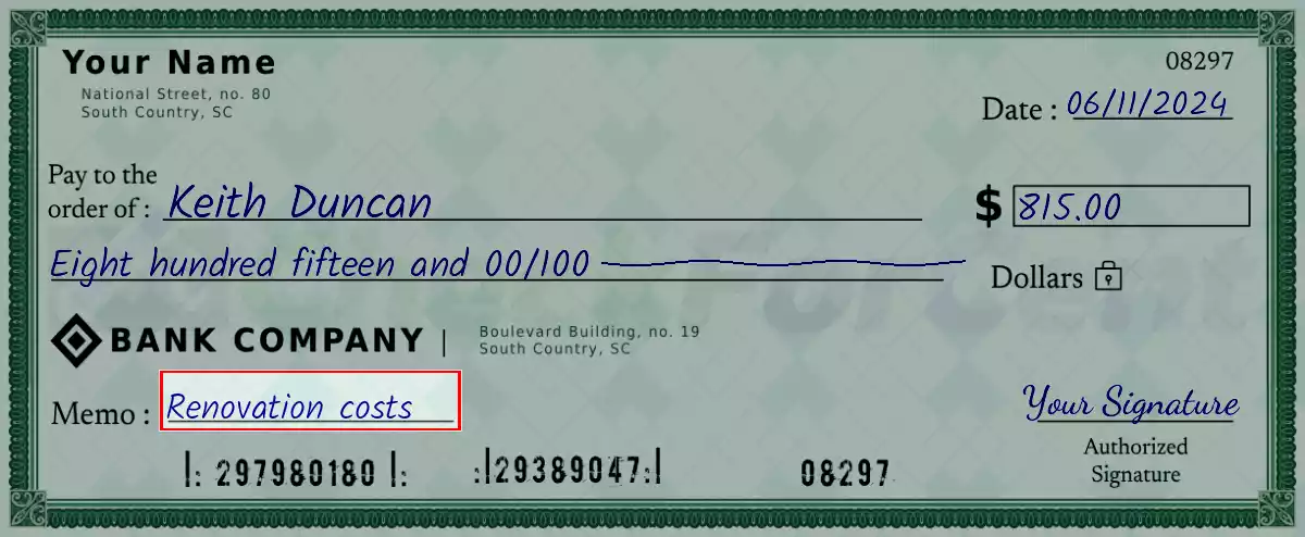 Write the purpose of the 815 dollar check