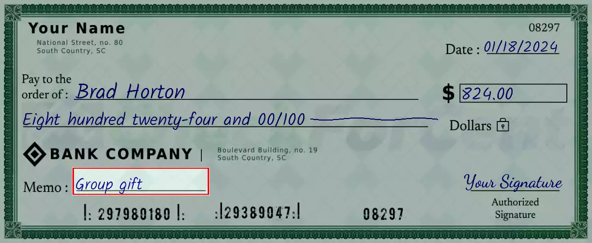 Write the purpose of the 824 dollar check