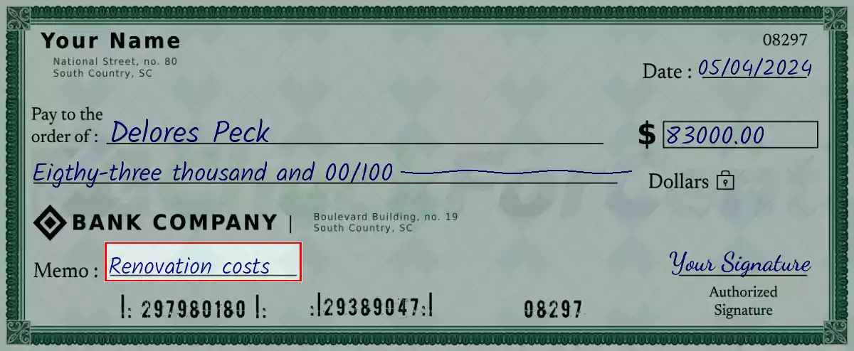 Write the purpose of the 83000 dollar check