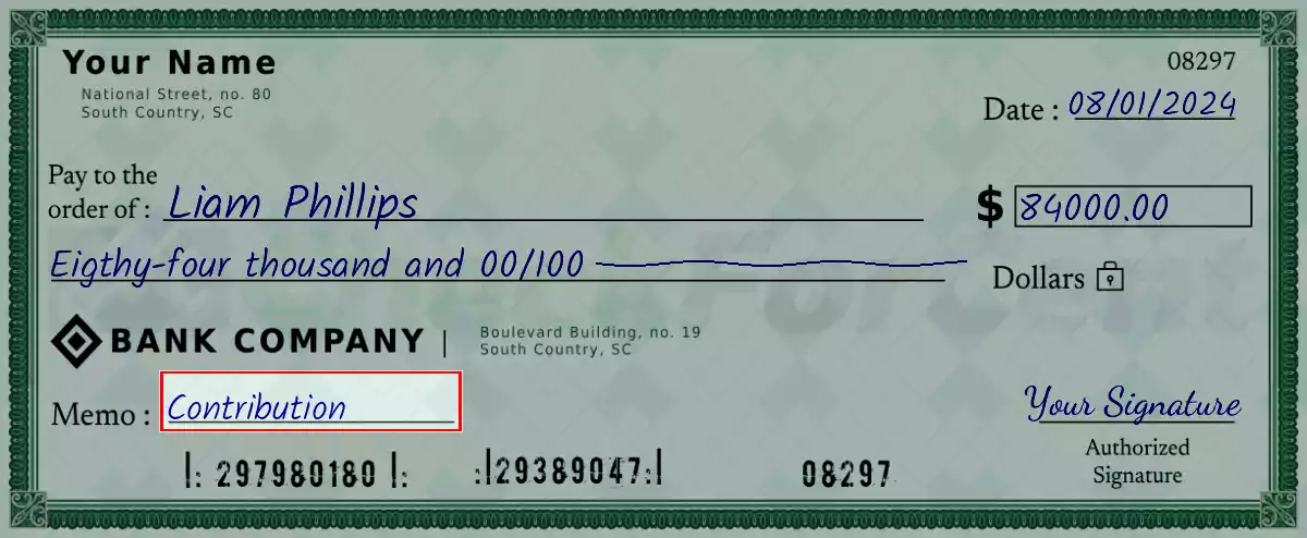 Write the purpose of the 84000 dollar check