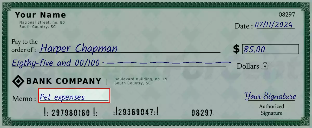 Write the purpose of the 85 dollar check