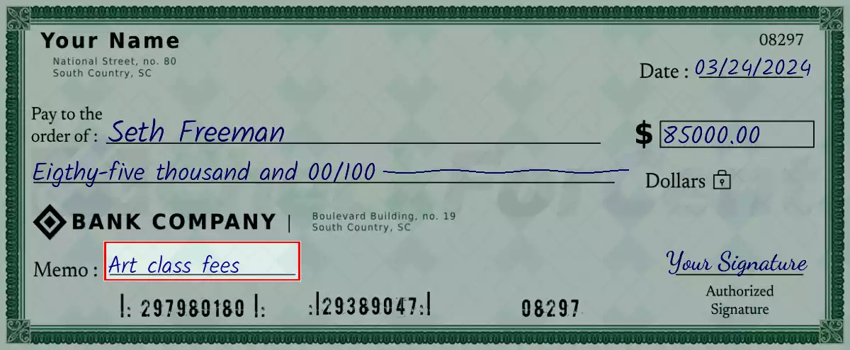 Write the purpose of the 85000 dollar check