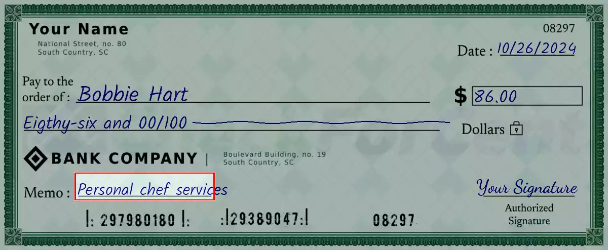 Write the purpose of the 86 dollar check