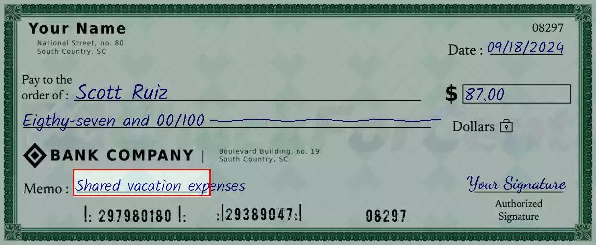 Write the purpose of the 87 dollar check