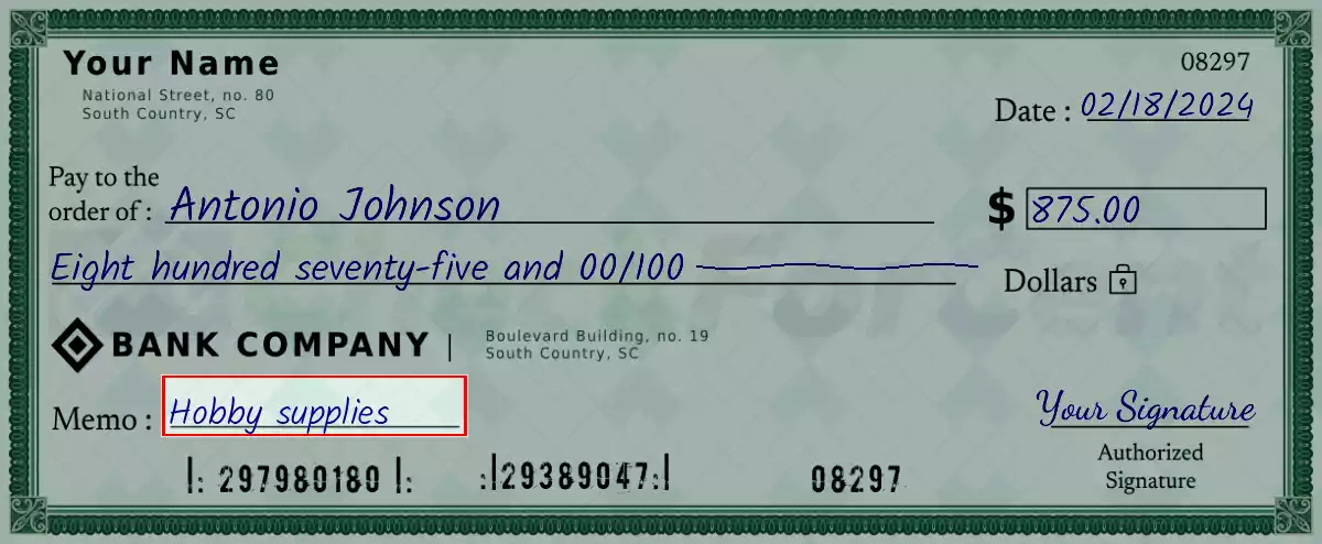 Write the purpose of the 875 dollar check