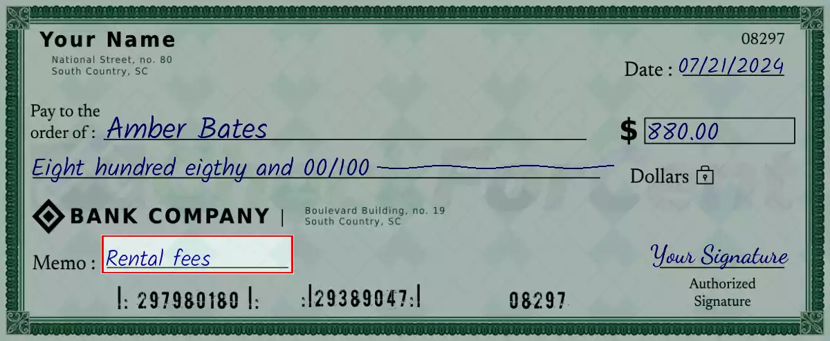 Write the purpose of the 880 dollar check