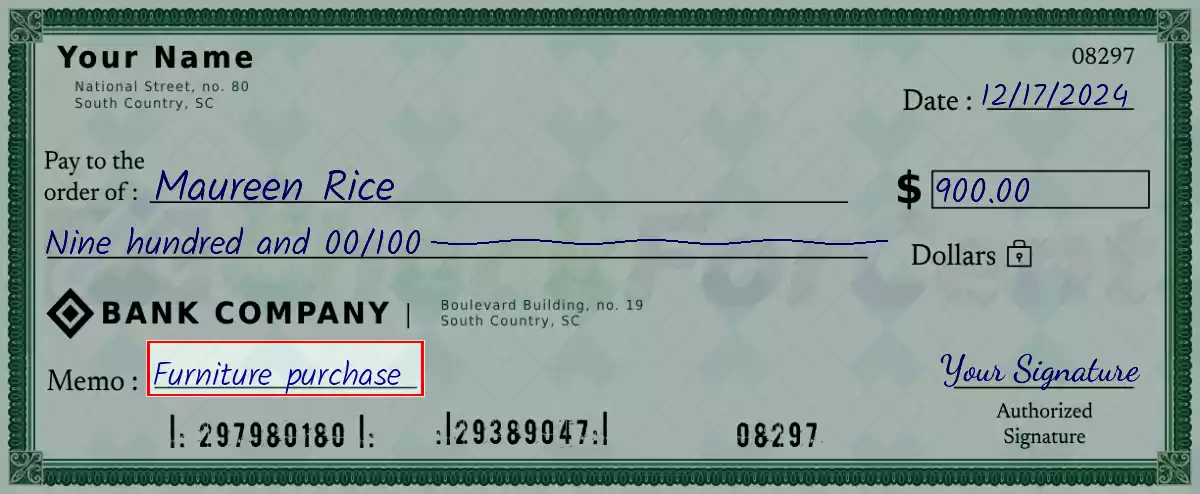 Write the purpose of the 900 dollar check