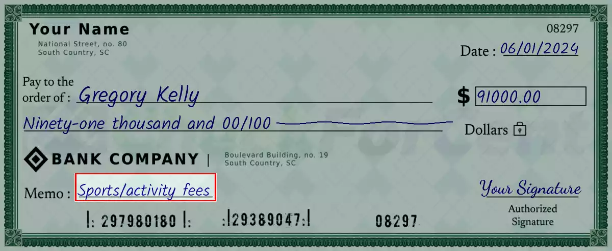 Write the purpose of the 91000 dollar check