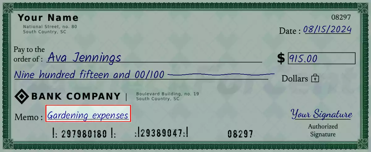 Write the purpose of the 915 dollar check