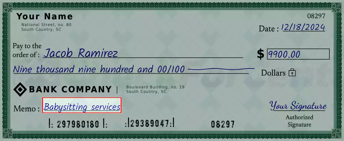 Write the purpose of the 9900 dollar check