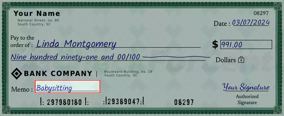 Write the purpose of the 991 dollar check