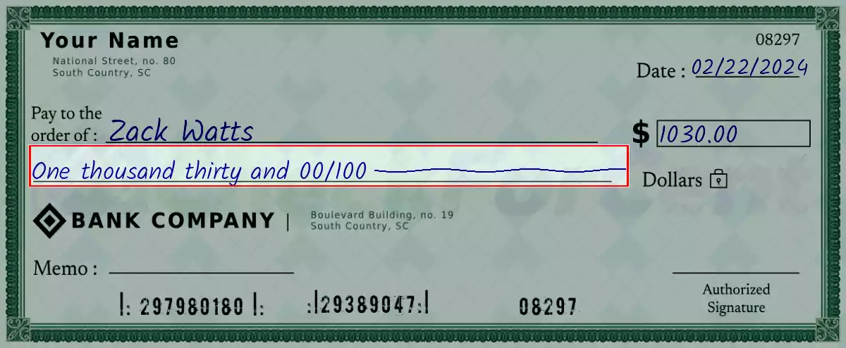 Write the spelling of 1030 dollar