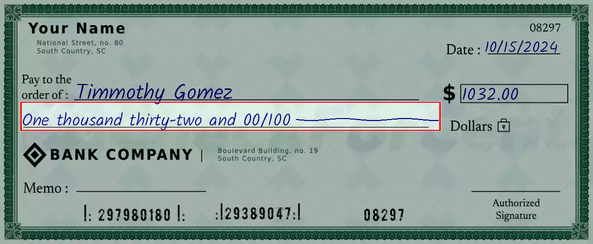 Write the spelling of 1032 dollar