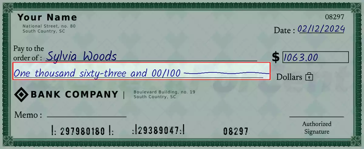 Write the spelling of 1063 dollar