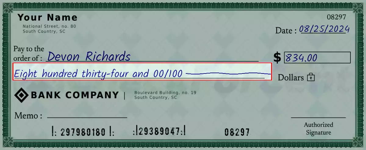 Write the spelling of 834 dollar